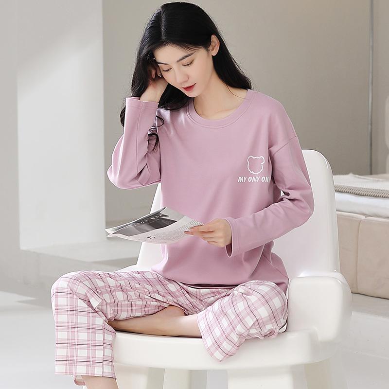 Ensemble de Pyjama pour Femme 100% Coton – Respirant, Absorbant la Sueur, Manches Longues Col Rond pour Porter à l'Intérieur et à l'Extérieur (Automne hiver)