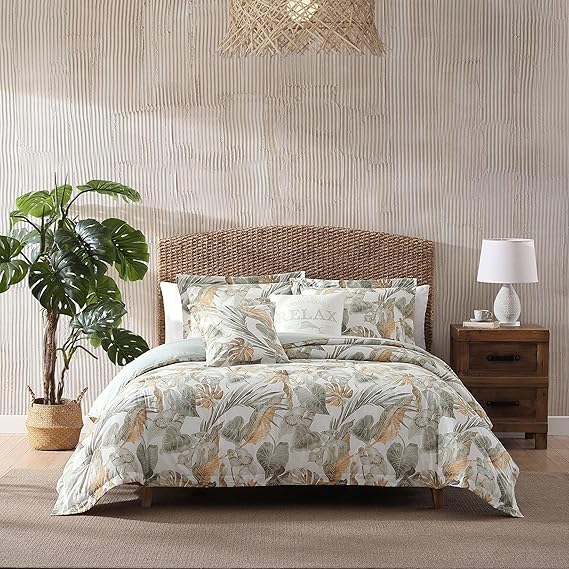 Luxury King Size Duvet Cover Set In Soft Cotton with Coordinated Pillow Shams, Tropical Style Bedding with Solid Color Reverse
