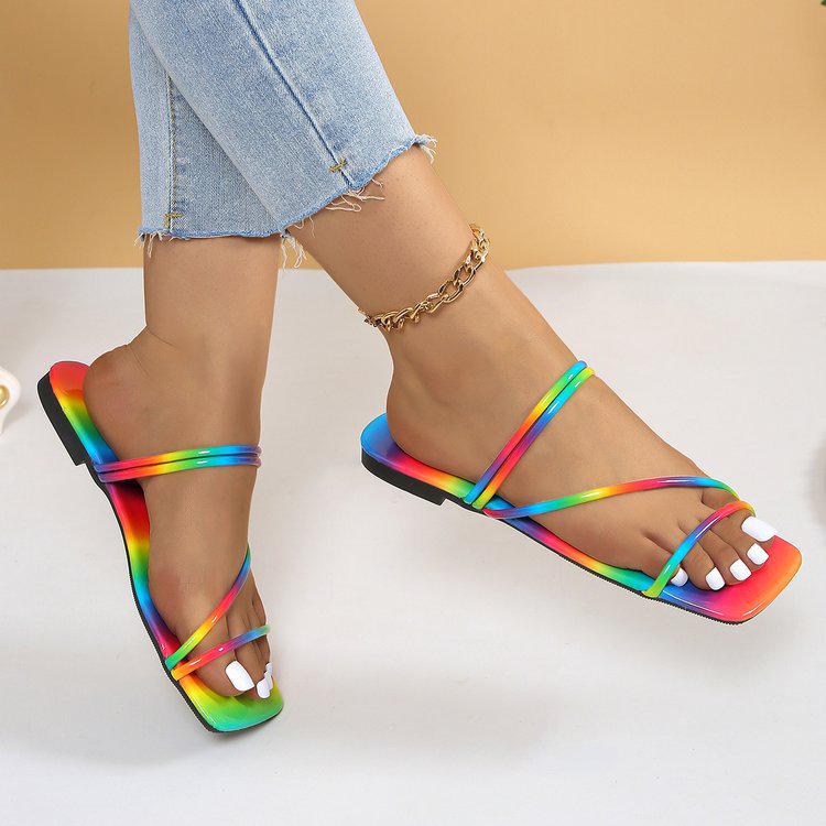 Colorful Plus Size 43 Women's Summer 2024 Shiny Flat Rainbow Slippers