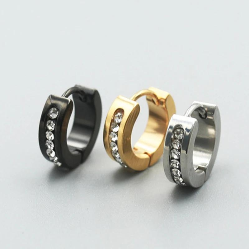 Punk Stainless Steel Hoops Earrings for Men Silver Color Crystal Earring Man Punk Style Cubic Zirconia Jewelry Male Accessories