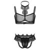 Mens Sissy See Through Sheer Mesh Lace Trim Lingerie Set Bra Top and Open Butt Brief Thong