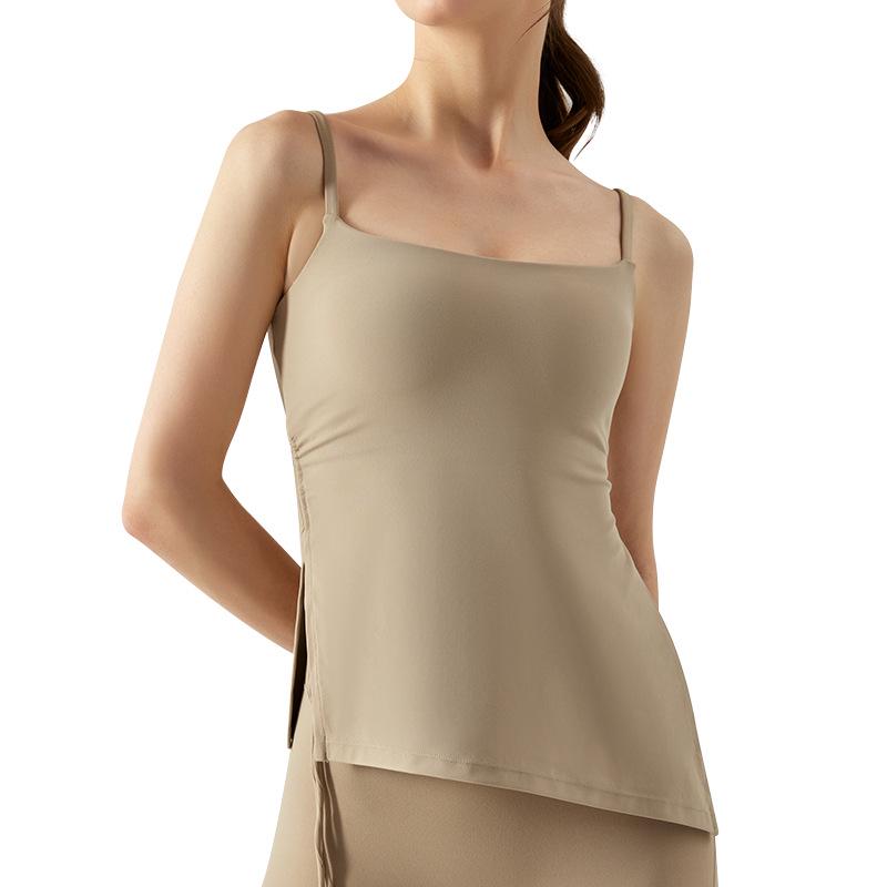 Women's Slim Fit Pleated Yoga Top with Built-in Bra and Adjustable Straps