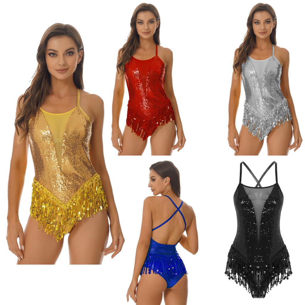 Buy Womens Sequins Tassel Leotard Bodysuit Latin Jazz Dance Costumes