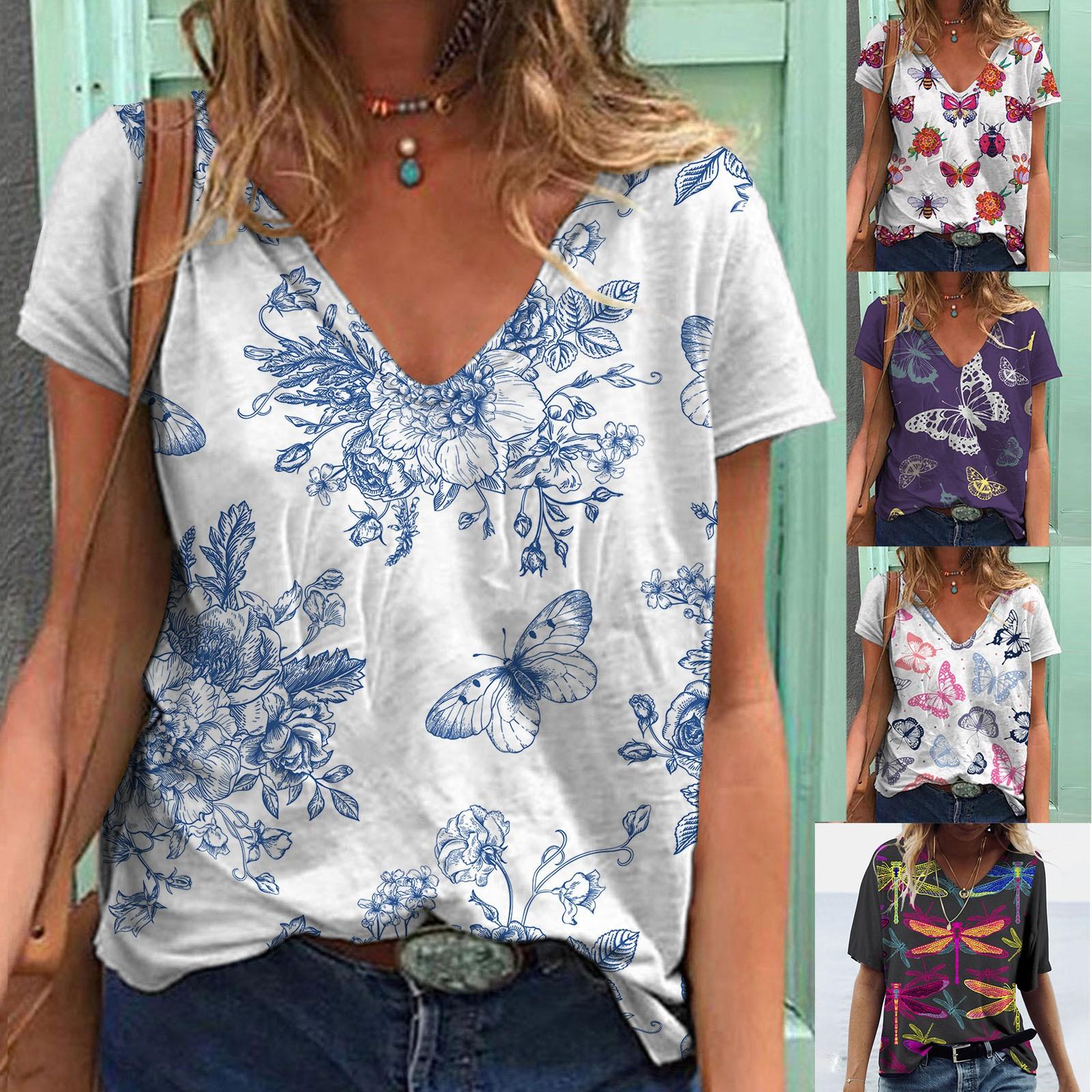 

Женская летняя повседневная крутая свободная футболка с коротким рукавом и v-образным вырезом с принтом бабочки