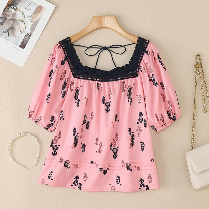 ZANZEA Women Summer Lace Splice Square Collar Short Sleeve Print Blouse