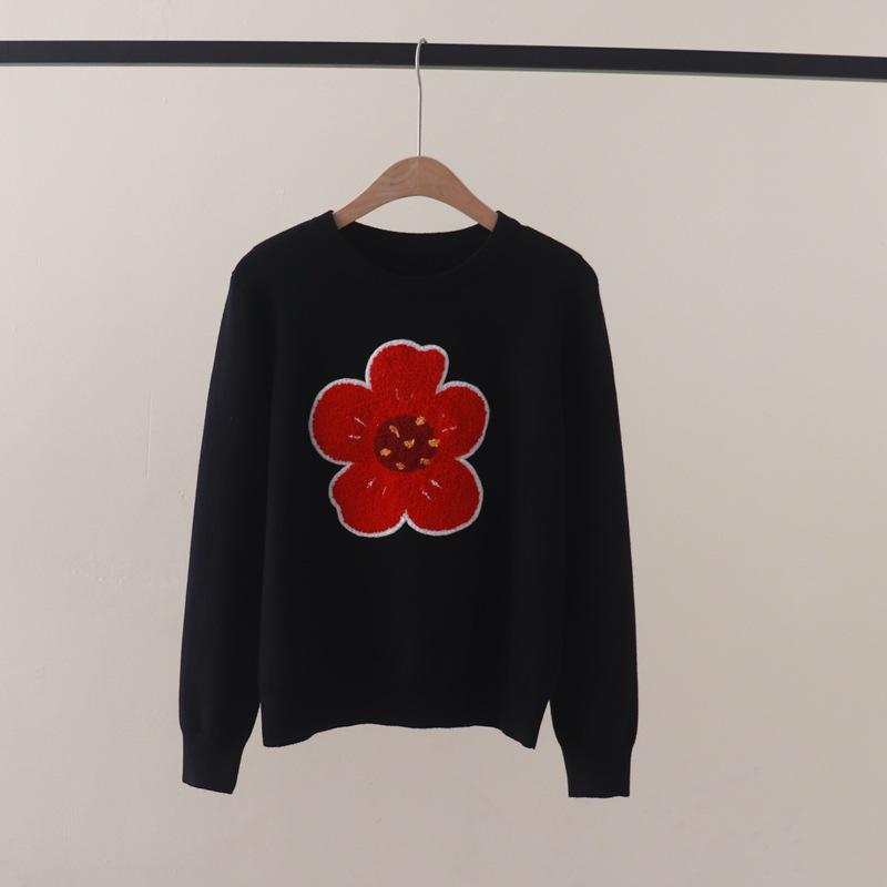 Осенний женский свитер с цветочной вышивкой милый вязаный свитер с длинным рукавом винтажный свитер шикарные топы C-319 One Size чёрный 3229₽