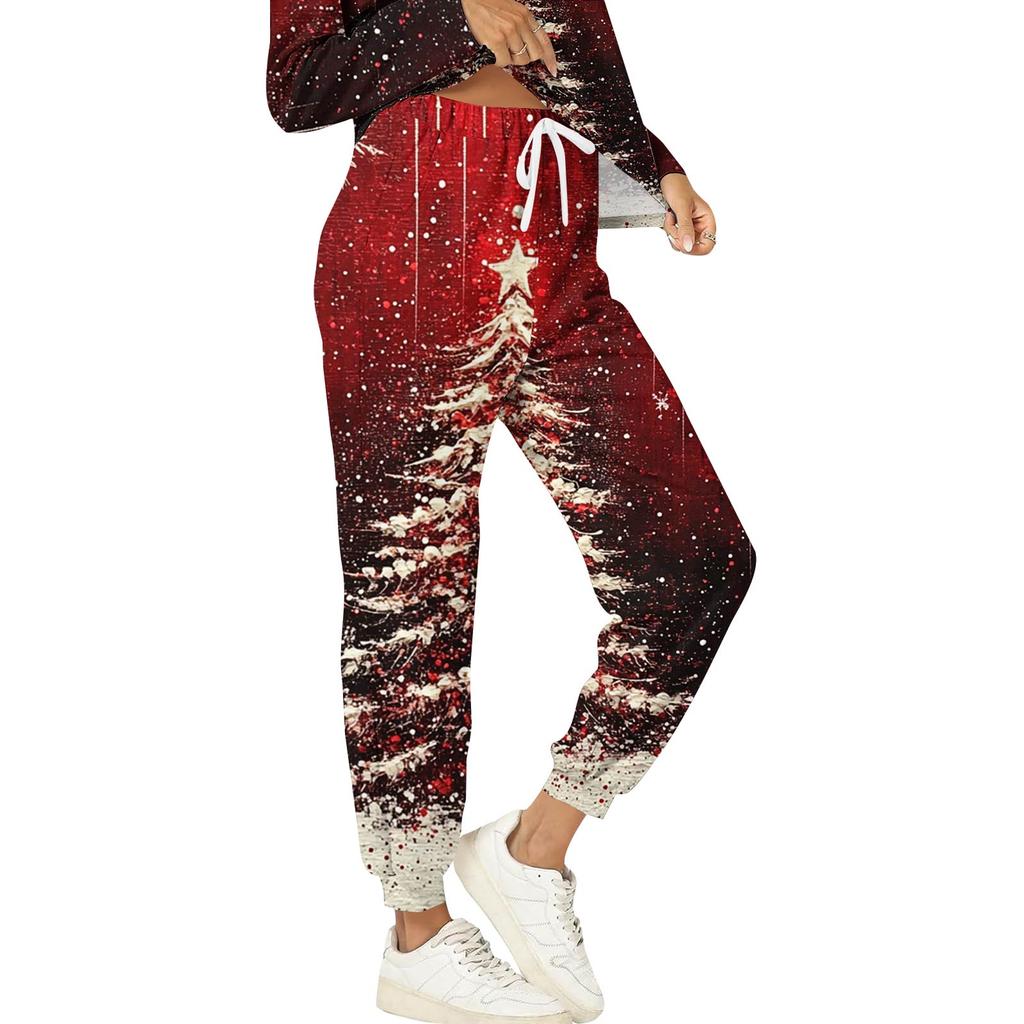 Dámské soupravy 2dílné tričko s kulatým výstřihem a dlouhým rukávem, potištěné tepláky s kapsami