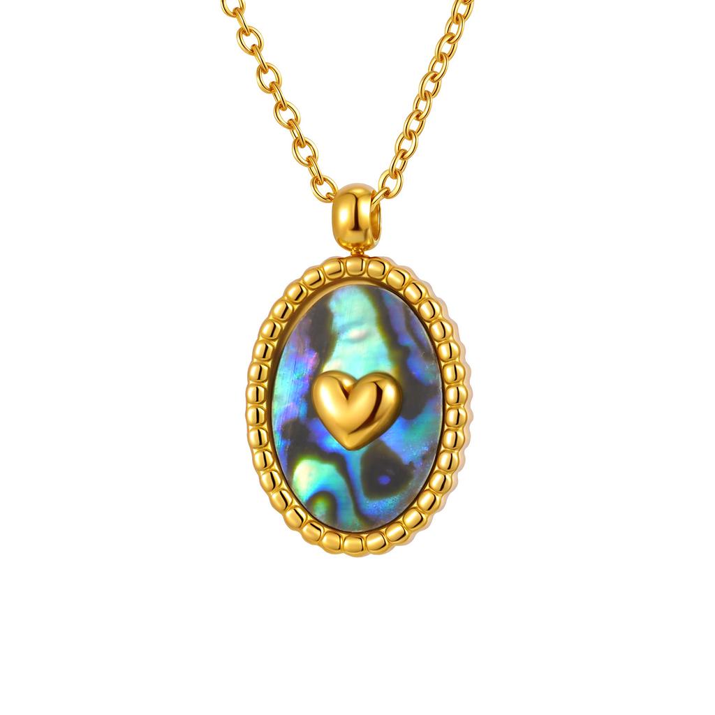 Stainless Steel Oval Abalone Shell Heart Shape 18K Gold Pendant Necklace Ladies, Jewelry 2336