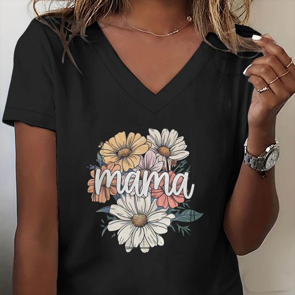 Flower Mama Boho Vintage T-shirt Happy Mother's Day Gift Classic Tops Mama V-neck T Shirts Casual Short Sleeve Tee