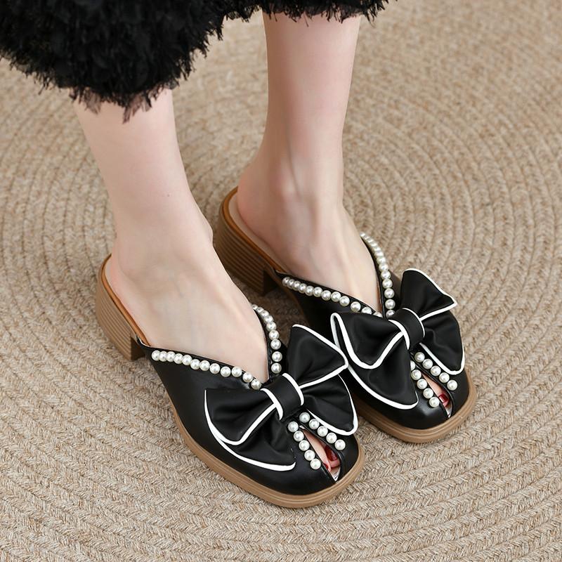 Fashion Cover Toe Slippers Casual Female Shoes String Bead Slides Butterfly-Knot Luxury 2025 Summer Soft Square heel Butterfly-knot