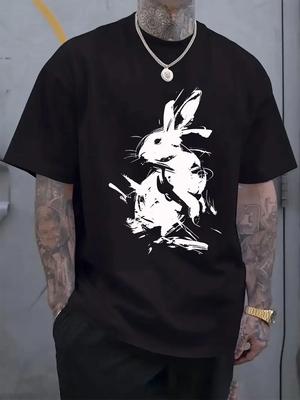 Casual Rabbit Print Crew Neck T-shirt - Stylish Summer Tee with Black Ink Design