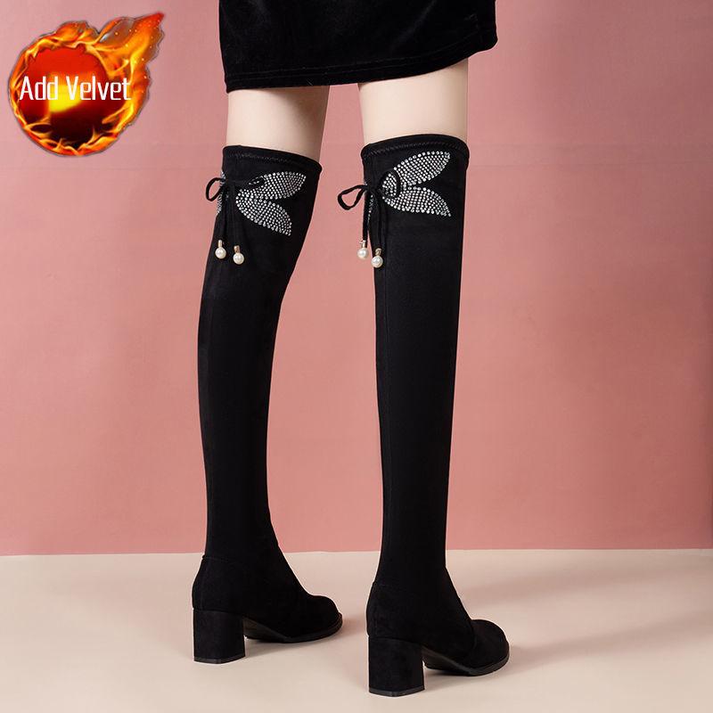 Fashion Elegant Heeled Rhinestone Round Toe Above Over The Knee Shoes Woman Autumn Winter Fleece-Lined Black Thigh High Boots for Women