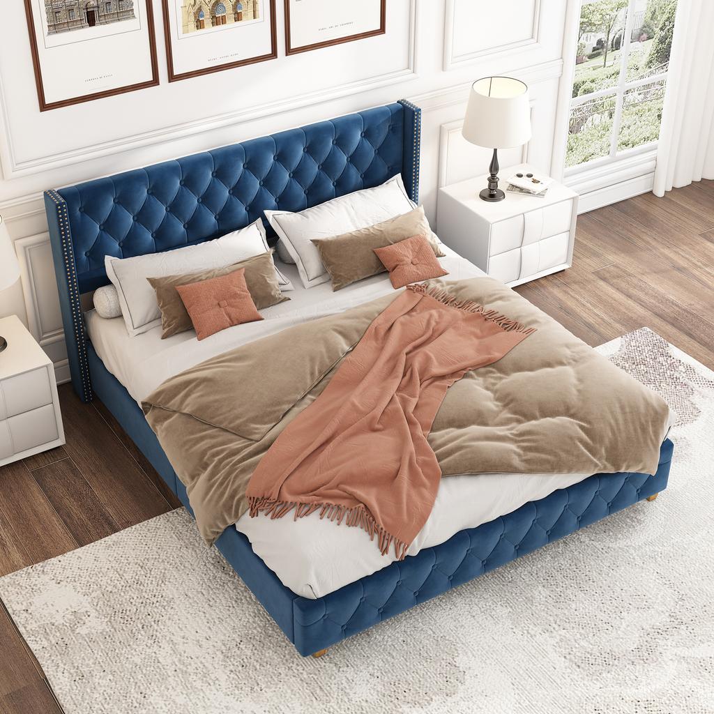 Upholstered Bed 160*200cm with Slatted Frame and Headboard, Button Tufting, Rivet Upholstery, Wooden Legs, Velvet, Blue