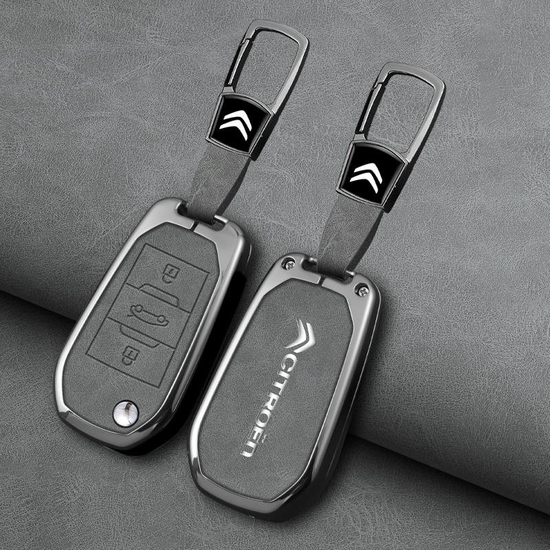 Zinc Alloy Leather Car Flip Key Case Cover Shell Fob Key Emblem Badge For Citroen C3 C4 CACTUS C6 C8 Keychain Accessories akh256
