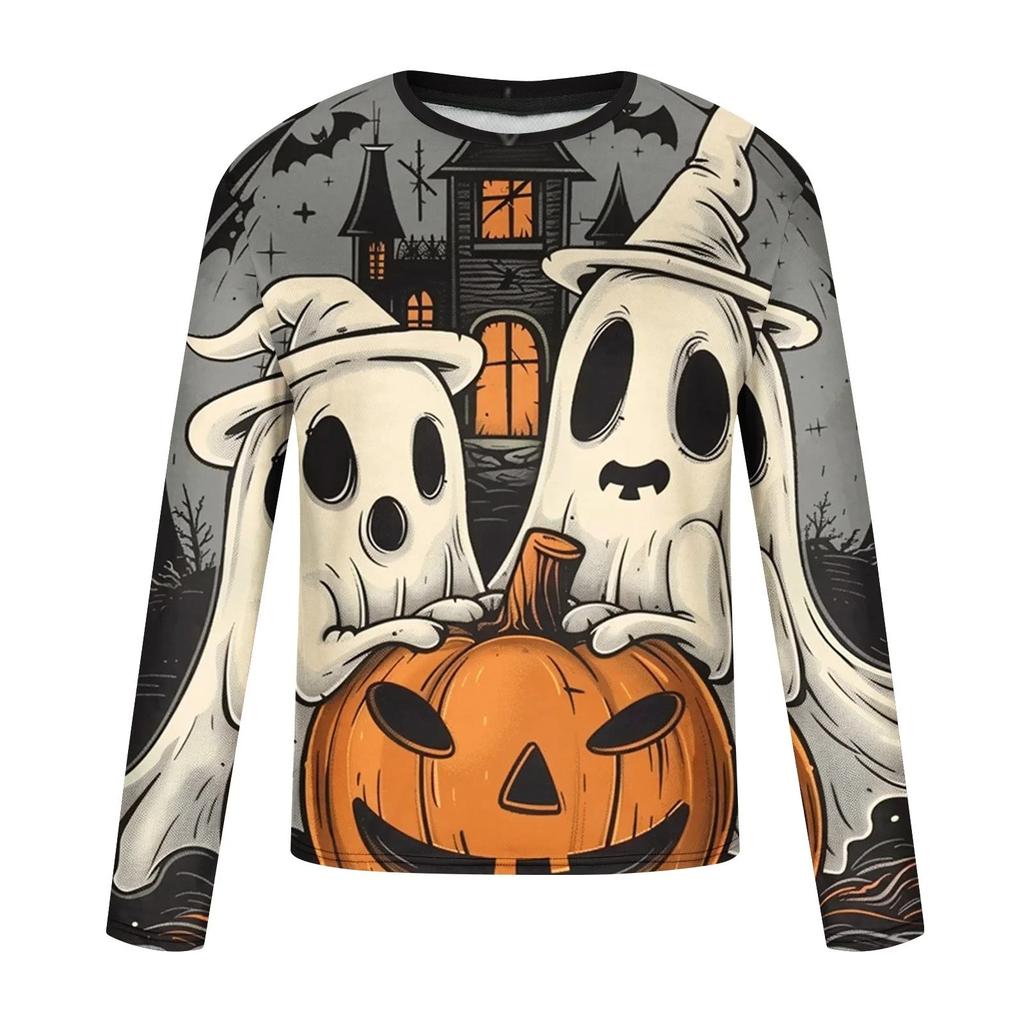Spring and Autumn Round Neck Halloween Pattern 3D Printed Top Fashionable Casual Long Sleeved Men's T-shirts