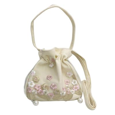 Lunari Drawstring Bag, Shoulder Bag, Handbag, 2-Way Drawstring Pouch, Embroidered Floral Print, Lightweight, Handbag, Crossbody Bag, Light Pink