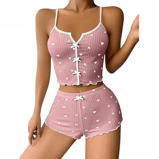 2 Pcs/Set Women Vest Shorts Suit Bow Heart Print Sleeveless Shirring Top High Waist Short Trousers Homewear Loungewear Outfit Summer Sleepwear