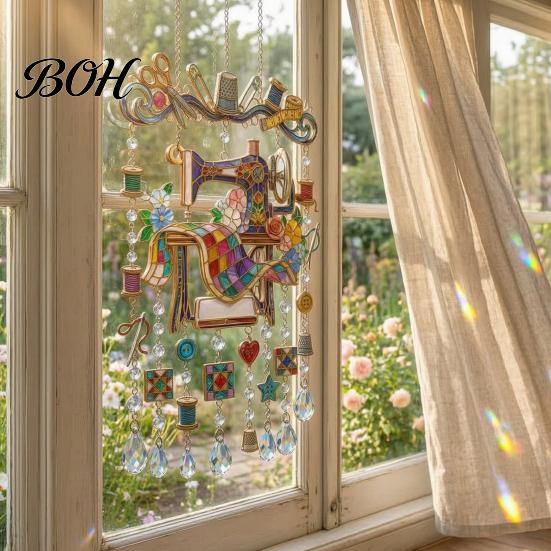 Gift for Tailors And Patchwork Lovers Vintage Sewing Machine Crystal Wind Chime, Acrylic Outdoor Hanging Suncatcher, Indoor Ornament Colorful Pendants