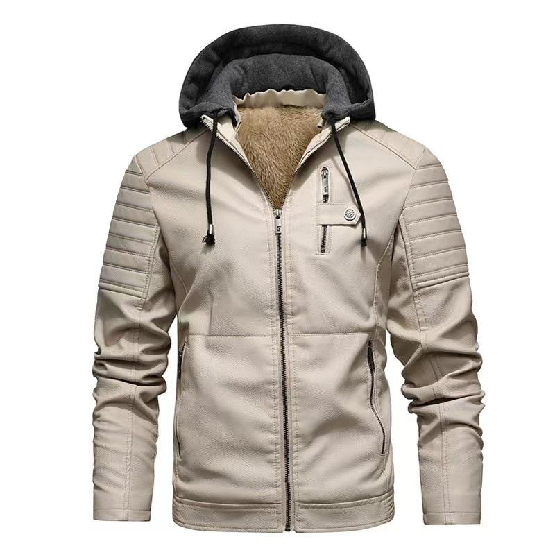

Autumn and Winter Stand-up Collar Casual Green Zipper Pocket Fit Zipper Plus Velvet Hooded Men s Leather Jacket L