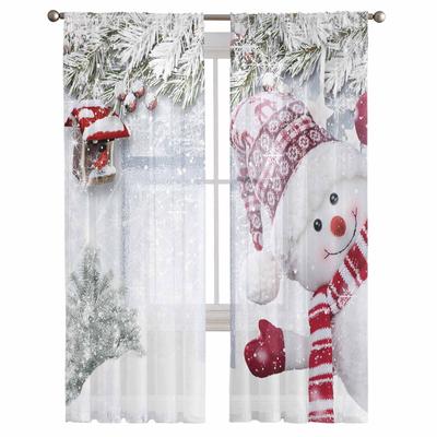 Transparente Vorhänge mit Weihnachts-Winter-Schneeszene, Schneemann, Weihnachtsdekoration, Fenster-Tüllvorhänge für Wohnzimmer und Schlafzimmer