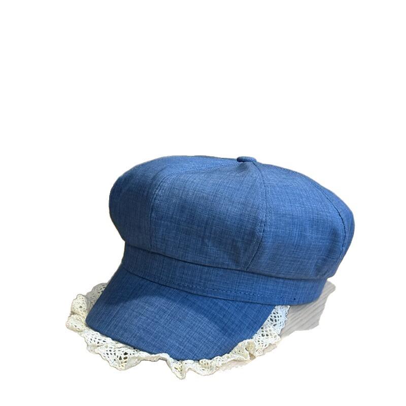 Lace-trimmed denim octagonal hat for women, spring/summer, large head circumference, makes the face look smaller, artistic and sophisticated, beret,