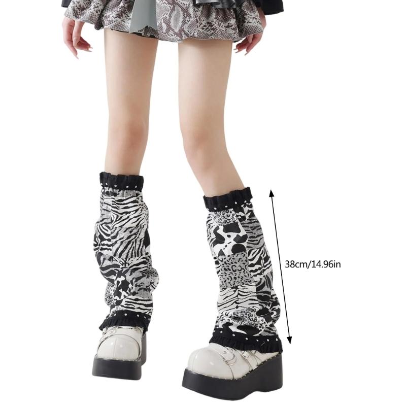 Punk Ruffled Trim Leg Warmers Subcultures Leopard Print Patchwork Denims Leg Cover Baggy Loose Flared Socks for Women