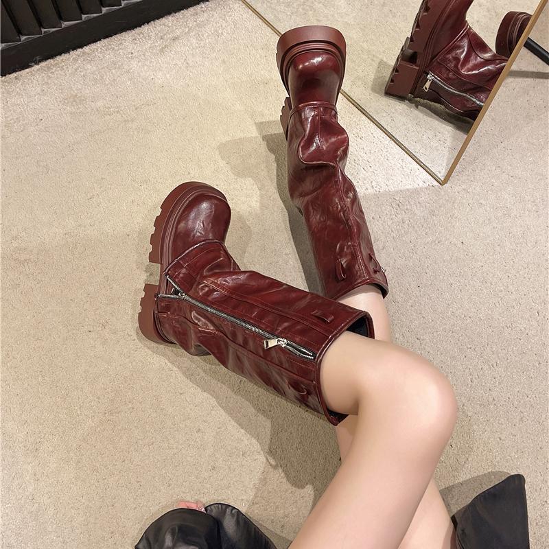 Fashion Top Quality Women's Winter Fashion Rivet Color Blocking Side Zipper Thick High Heel Square Head Motorcycle Boots Catwalk Boots