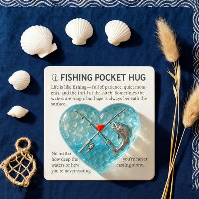 Fishing Lover Pocket Hug Sea Glass Heart Token with Fishing Rod Fish Design Inspirational Keepsake for Fishermen Anglers Fisher Dad