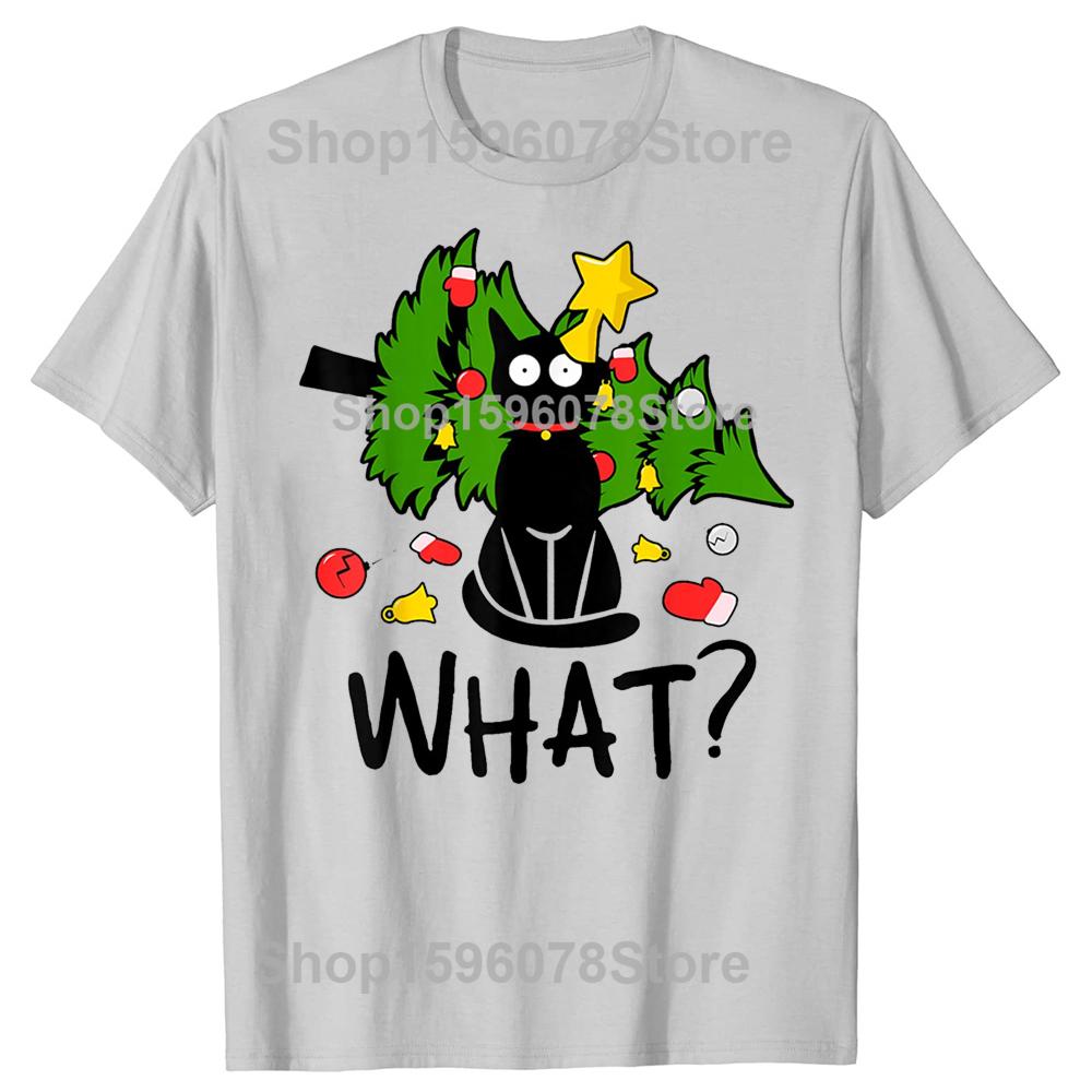 Funny Black Cat Christmas Tree Merry Xmas Humor Cat What Tshirts Men Fashion Cotton Oversized Crewneck Collar Hip Hop T Shirt