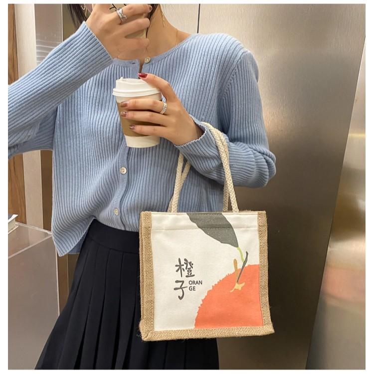 Linen Canvas Splicing Portable Shopping Bag Literary Retro Tote Bag Student Office Worker Hand Bag