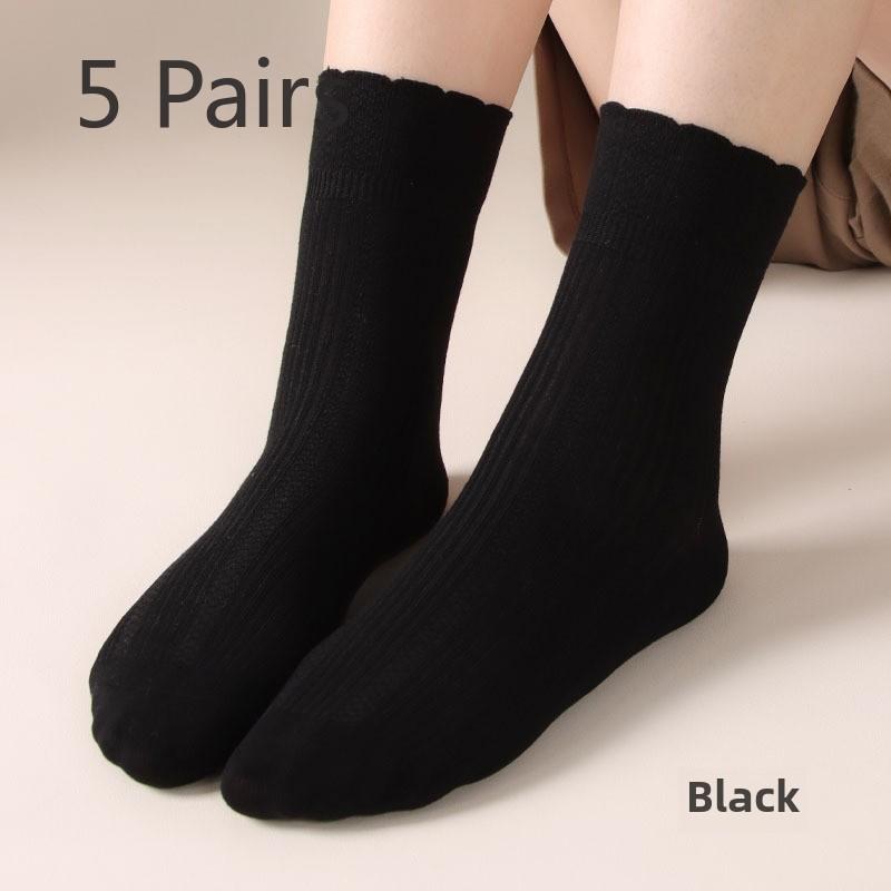 5 Pairs Women's Autumn and Winter Ribbed Soft Mulberry Silk Women's Fresh Double Stitch Hand Stitched Women's Mid-tube Socks