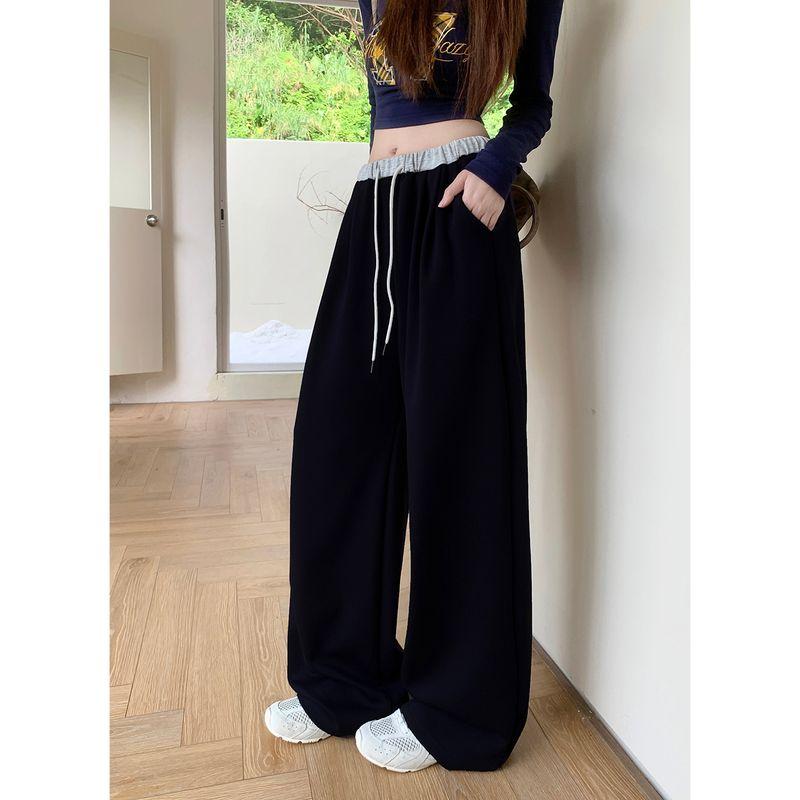 

Kumikumi Idle Style Waist Head Patchwork Drawstring Drape Casual Pants Women Autumn All-Match Loose Wide-Leg Pants Trousers Black L