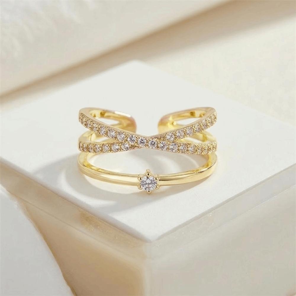 Elegant Zircon Crossed Rings Luxury Plain Ring Exquisite Crystal Finger Rings  For Girls