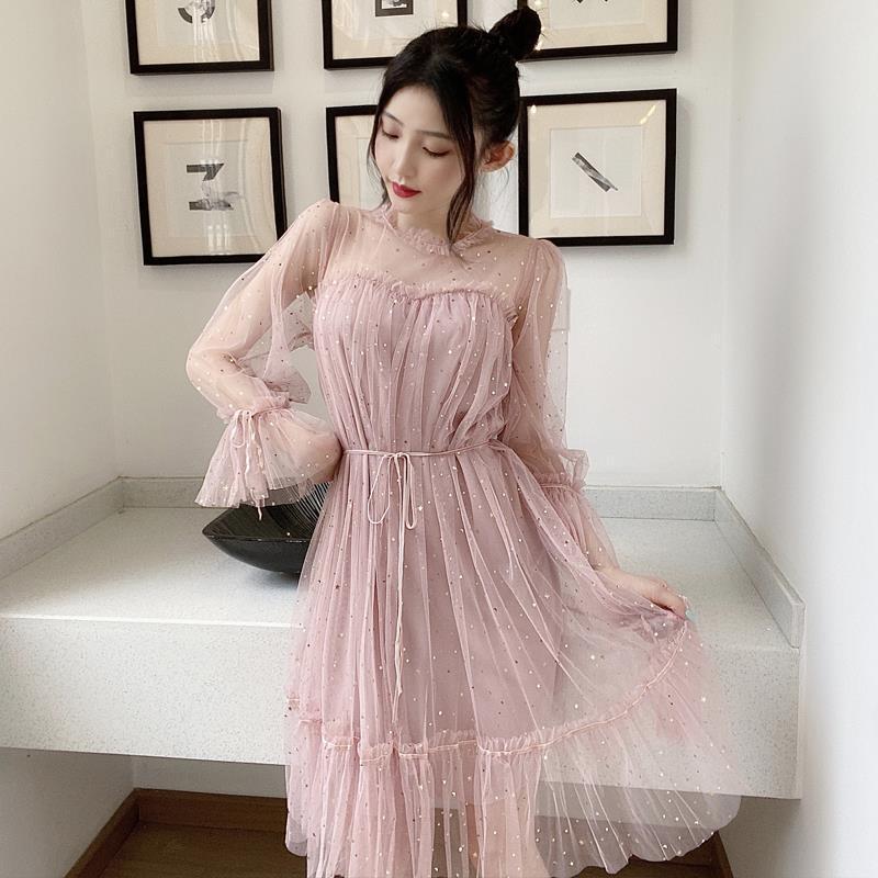 2026 Spring/Summer Star Sequin Fairy Dress with Mesh Bell Sleeves and High Waist Lace-up Design