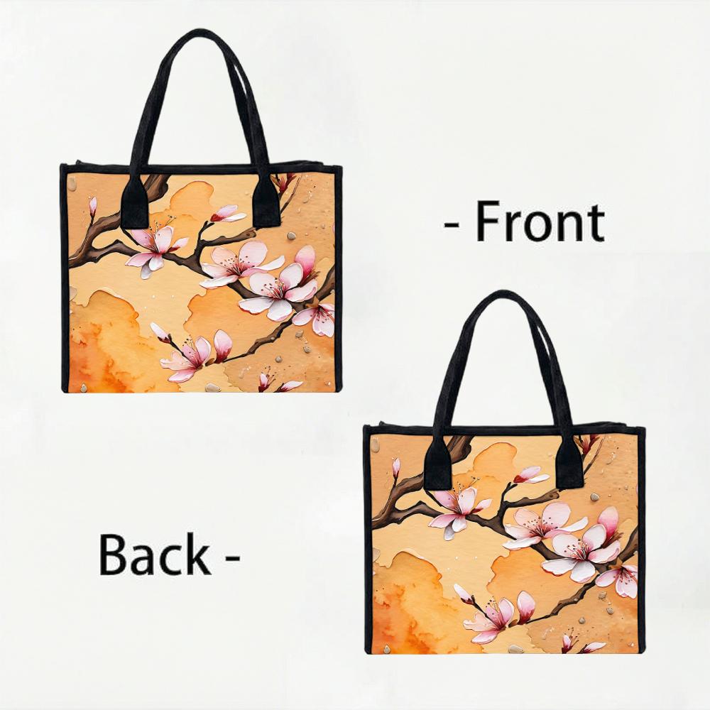 Elegant Cherry Blossom Print Fashion Daily Tote Bag Lightweight Casual Handbag for Outdoor Shopping