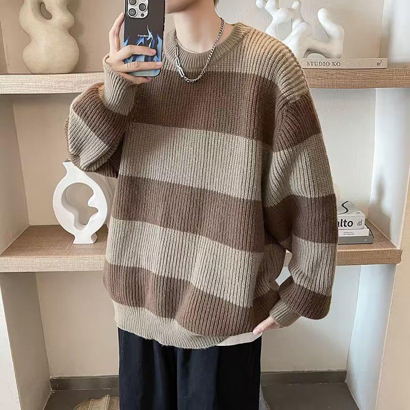 Men's Autumn/Winter Warm Striped Round Neck Sweater - Casual Contrast Color Style