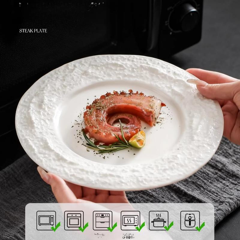 European-style White Porcelain Lace Embossed Steak Plate Hotel Round Ceramic Dinner Plate Restaurant Tableware Salad Pasta Plate