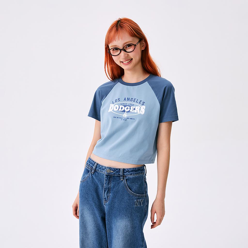 New MLB Preppy Style Collection Los Angeles Dodgers SS25 Raglan Sleeve T Shirt Women's Light Denim 3FTSV0853-07INL