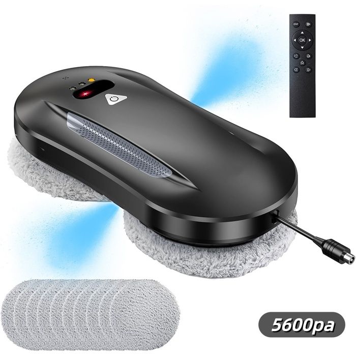 Window Cleaning Robot, Window Cleaning Robot Washer, Suction 5600PA, Intelligent Navigation, Anti-fall, 10 Cleaning Cloths, Black