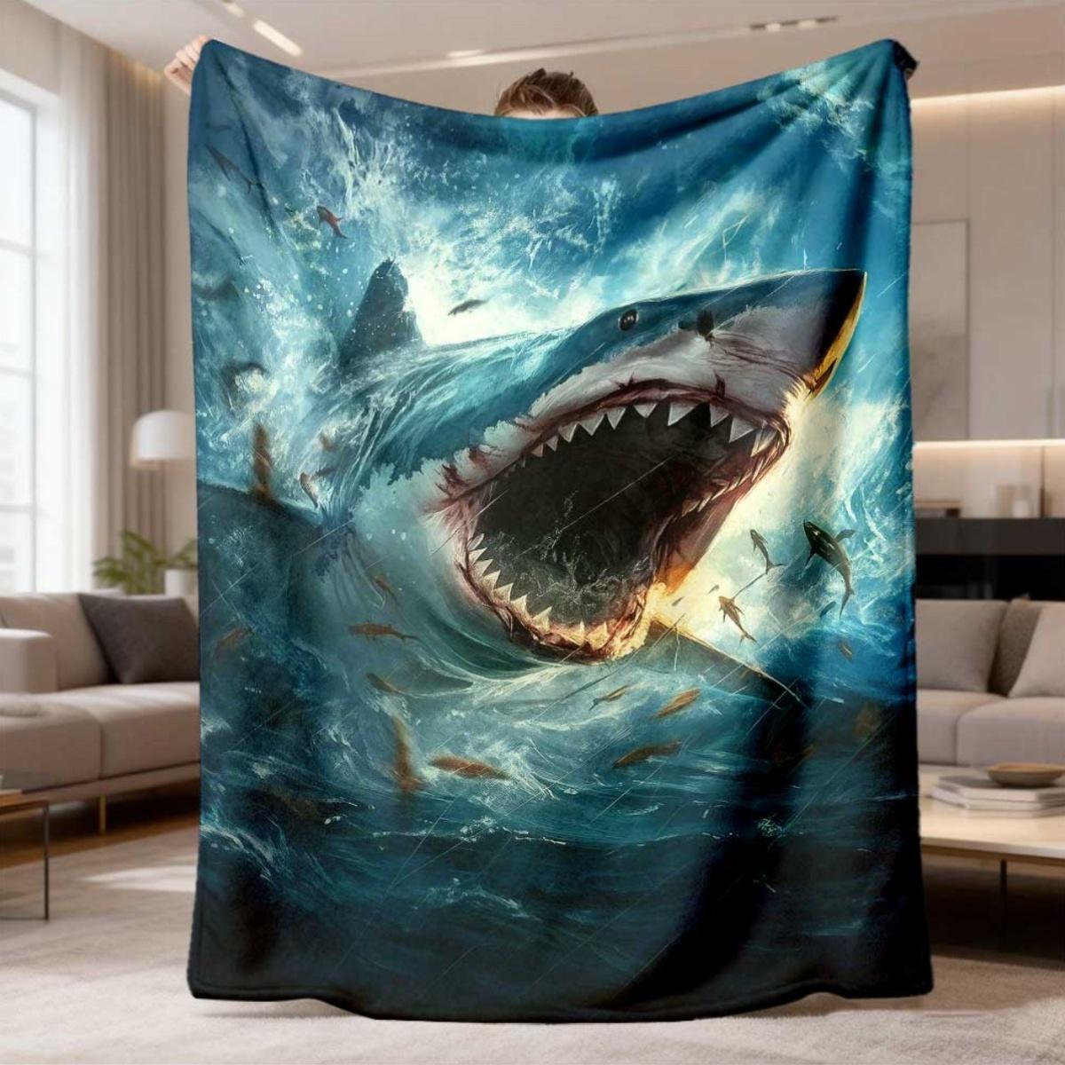 Ultra Soft Shark Deep Sea Ocean Print Throw Blanket Luxury Beach Nautical Decor Bed Cover 150x200cm 75X95CM
