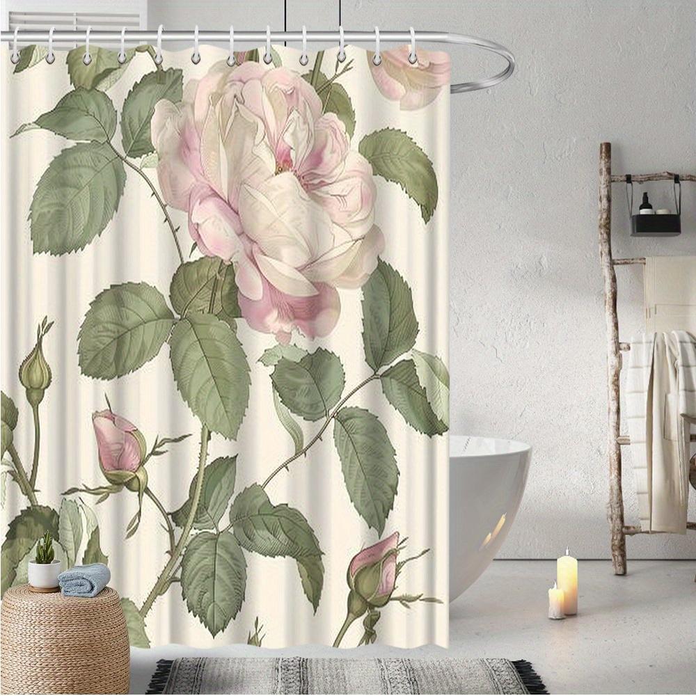 Textile Article Pink/Green Elegant Floral Shower Curtain, Vibrant Rose & Leaves Design, Perfect For All-Season Bathroom Decor