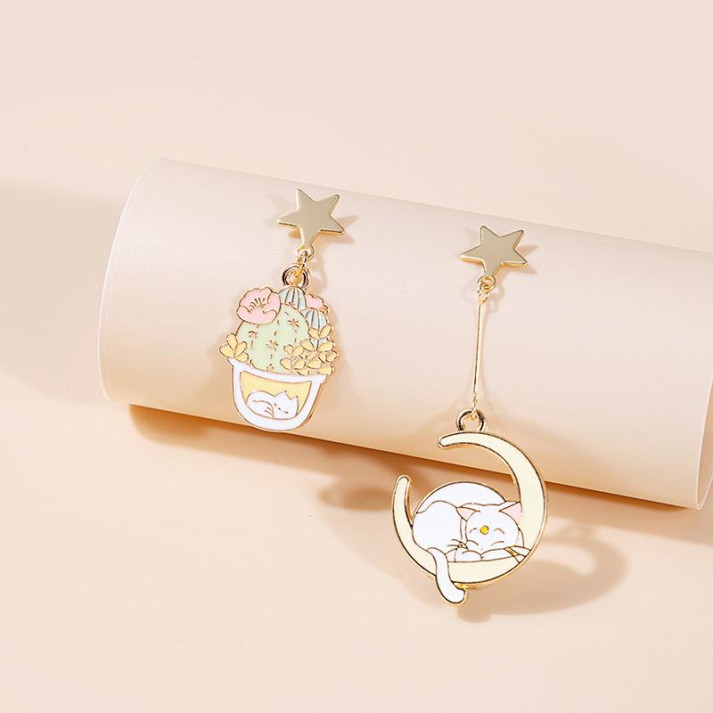 Asymmetrical Cartoon Balloon Bear Earrings, Cute Rainbow Rabbit Cat Cake Daisy Angel Stud Earrings