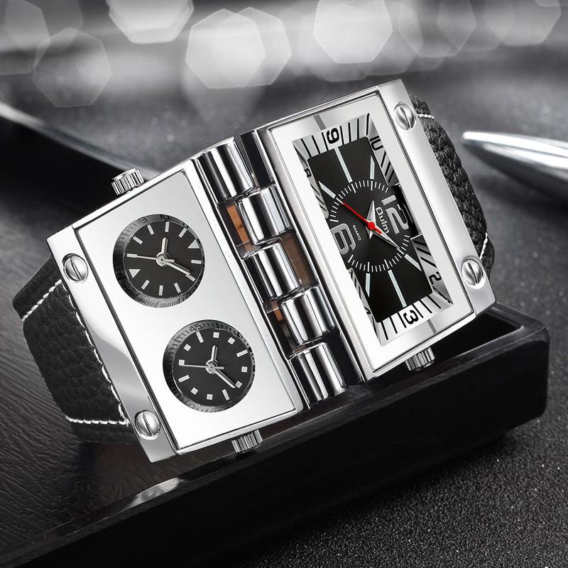 Oulm Men's Quartz Watch with Large Rectangular Dial & Multi-Time Zone Display