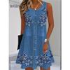 Women Summer Sleeveless Bohemian Dress Fashion Imitate Cowboy Vest Flowers Print Dress Casual Tank Beach Dresses