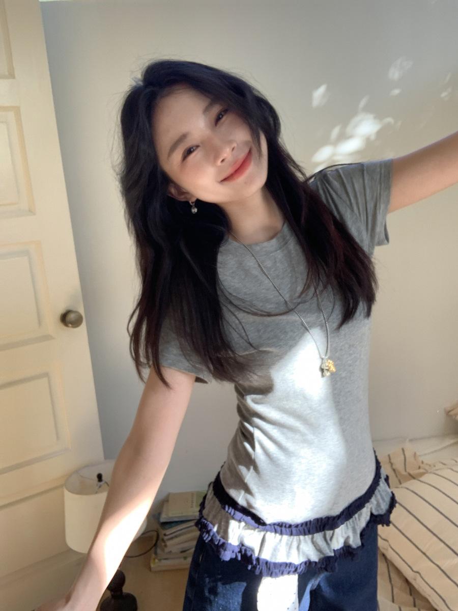 

Flower ash pure desire wind hem lace splicing short-sleeved T-shirt women s spring and summer stacked inside wear bottoming shirt top S