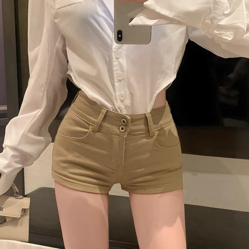 

Khaki High-Waisted Denim Shorts for Women - Slimming, Hip-Hugging, Spring/Summer Style, XS XL