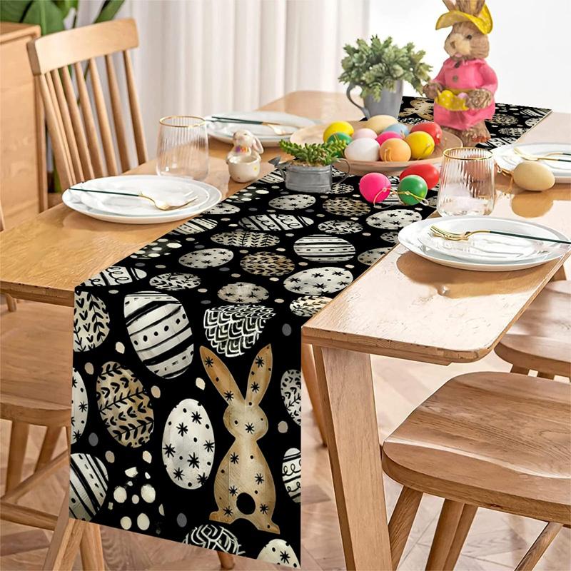 Vintage Easter Bunny Table Runner Polyester Rabbit Eggs Flower Table Cover Easter Decoration For Home Kitchen Dining Table Decor