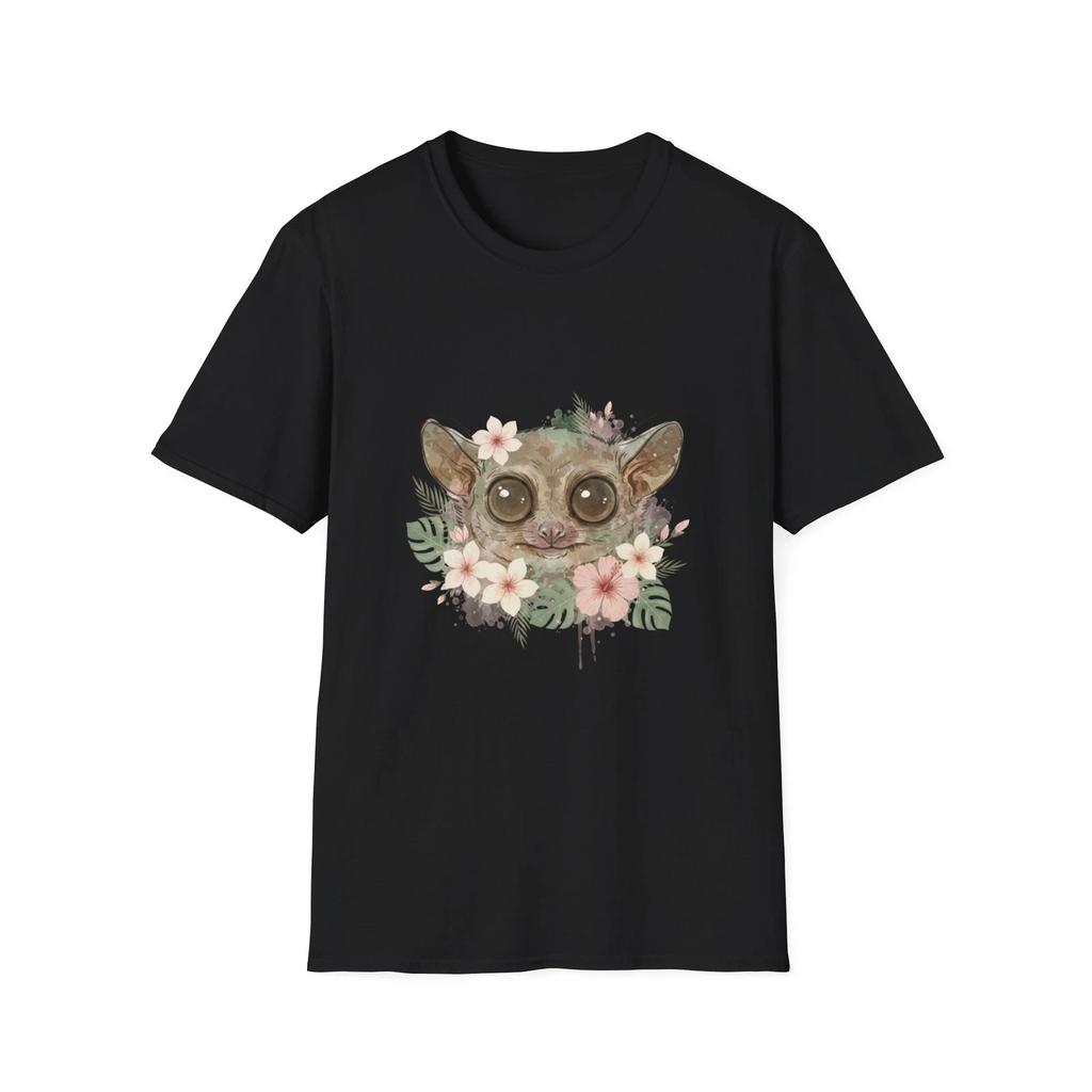 Tarsier Floral Watercolor Vintage Tropical Black Tee Nature Graphic T-Shirt