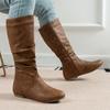 Große Größe Mittelhohe Stiefel Damen Seitenreißverschluss Gefaltete Stapelstiefel Flache Westernstiefel Cowboystiefel