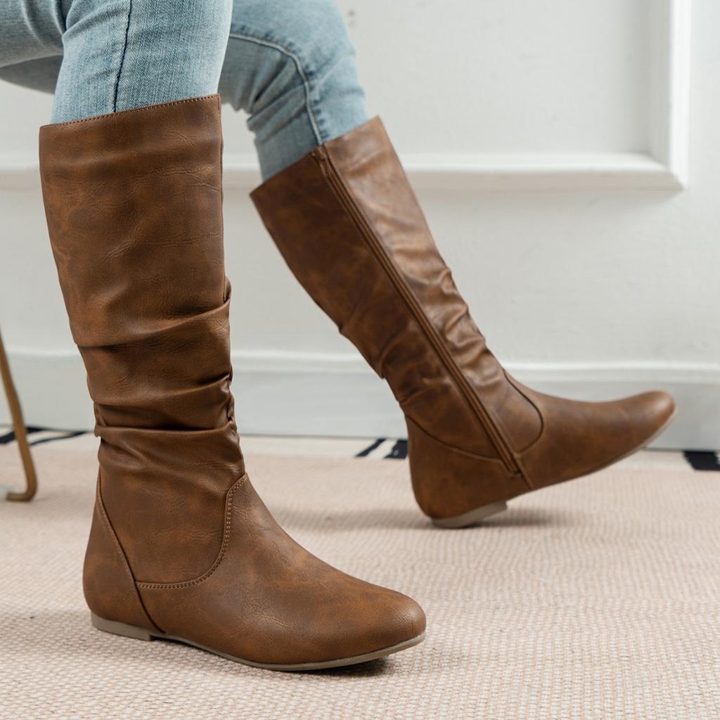 Große Größe Mittelhohe Stiefel Damen Seitenreißverschluss Gefaltete Stapelstiefel Flache Westernstiefel Cowboystiefel